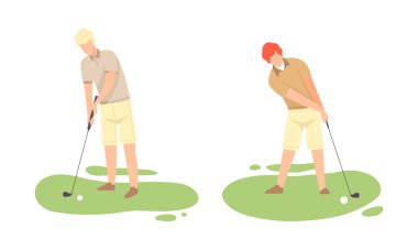 Green Lawn 'daki Genç Adam Golf oynuyor Klüp ve Top Spor Oyunu Vektörü olarak