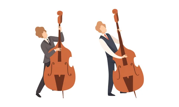 Man Musician Character Performing Music Playing Double Bass Vector Set — Stock Vector