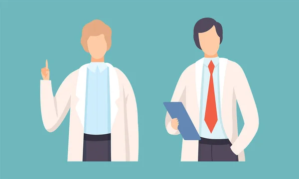 Docteur homme en manteau blanc donnant des conseils et tenant ensemble vectoriel presse-papiers — Image vectorielle