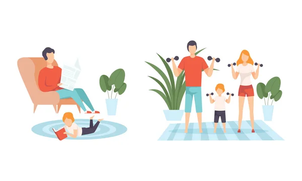 Famille heureuse avec homme et femme Parent avec enfant Passer du bon temps ensemble Faire de l'exercice physique et lire ensemble vectoriel — Image vectorielle