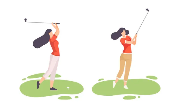青草地上的年轻女子打高尔夫作为俱乐部和球运动比赛的病媒集 — 图库矢量图片