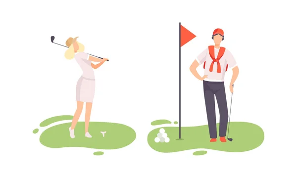 緑の芝生の上で若い男と女は、クラブとボールスポーツゲームベクターセットとしてゴルフをプレイ — ストックベクタ