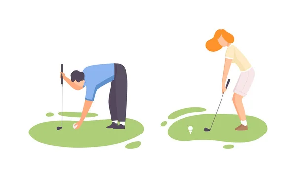 Young Man and Woman on Green Lawn Playing Golf as Club-and-ball Sport Game Vector Set — Stock Vector