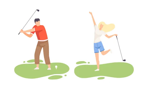 Νεαρός άνδρας και γυναίκα στο πράσινο γκαζόν Παίζοντας γκολφ ως Club-and-ball Sport Game Vector Set — Διανυσματικό Αρχείο