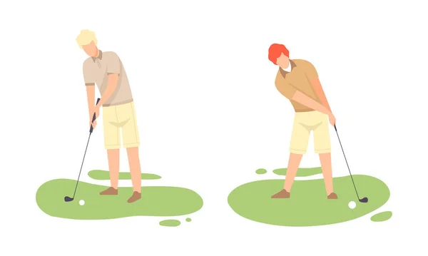 Ung man på grön gräsmatta spelar golf som Club-and-ball Sport Game Vector Set — Stock vektor