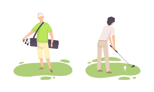 Young Man on Green Lawn Playing Golf as Club-and-ball Sport Game Vector Set — Stock Vector