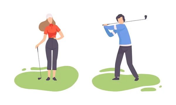 Young Man and Woman on Green Lawn Playing Golf as Club-and-ball Sport Game Vector Set — Stock Vector