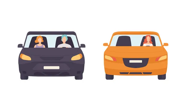 Man och kvinna kör bil sitter vid förarsätet i motorfordon vektor Set — Stock vektor