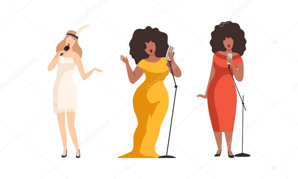 Young Woman Character Musician and Singer Performing Music Singing with Microphone Vector Set
