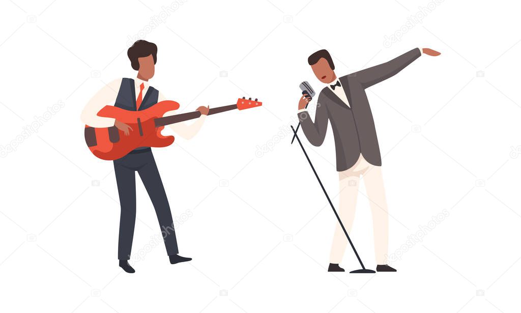 Man Musician Character Performing Music Playing Electric Guitar and Singing with Microphone Vector Set