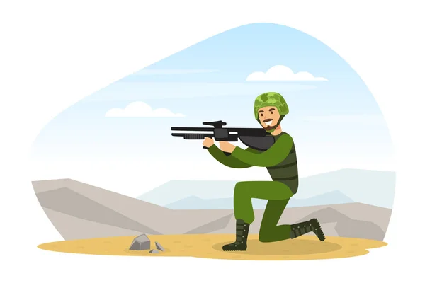 L'homme en tant que force spéciale militaire en uniforme et fusil en vue d'une illustration vectorielle de la posture — Image vectorielle