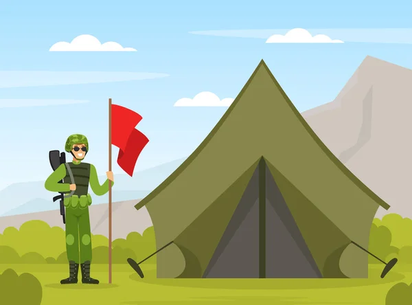 Человек как военный спецназ в форме и винтовке, стоящий рядом с палаткой с векторной иллюстрацией красного флага — стоковый вектор