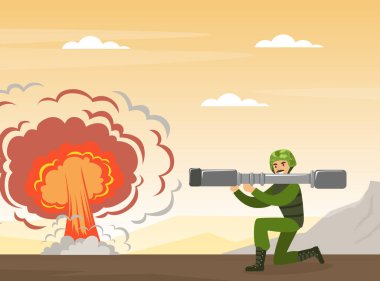 Askeri Özel Kuvvet Üniforması ve Projektörü Olarak Poz Vektörü İllüstrasyonunda Adam