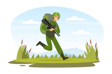 Askeri Özel Kuvvet Üniformalı ve Tüfekli Adam Sırt Çantası Vektör İllüstrasyonuyla Koşuyor