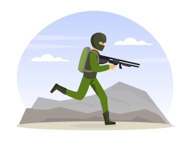 Askeri Özel Kuvvet Üniformalı Adam Tüfek Vektör İllüstrasyonuyla Çalışıyor