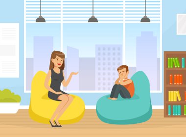 Kadın Psikolog Ağlayan Küçük Çocuk Vektör İllüzyonu ile Konuşuyor