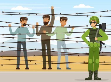 Refugee and Asylum Seeker Behind Iron Wire and Military Armed Force Vector Illustration clipart