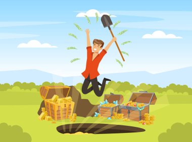 Erkek Hazine Avcısı Değerli Mücevher Vektörü İllüstrasyonuyla Sandık Buluyor