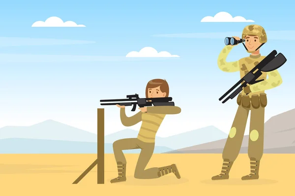 男子和妇女作为身着制服的军事特种部队和瞄准喷射器图像的步枪 — 图库矢量图片