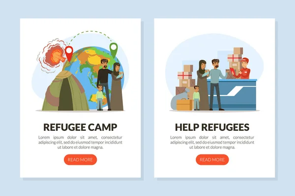 Vluchteling en asielzoeker met ontheemde familie nodig hulp en Home Vector Template — Stockvector
