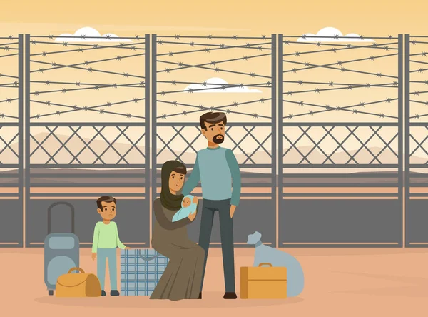 Refugee and Asylum Seeker with Displaced Young Family Need Help and Home Vector Illustration — Stockový vektor