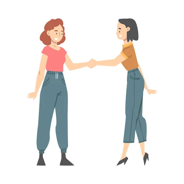 Woman Character Shaking Hand as Brief Greeting or Parting Tradition Vector Illustration — Stock Vector