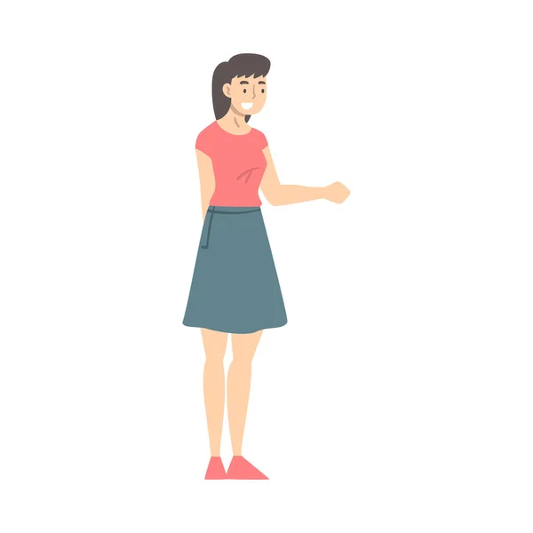Leende kvinna skakar hand som kort hälsning eller avskedstradition vektor illustration — Stock vektor