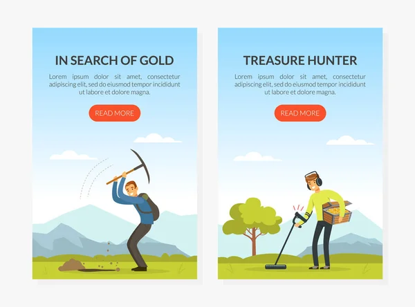 Man Treasure Hunter In Search of Gold and Precious Jewel Vector Template — Stock Vector