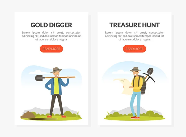 Man Treasure Hunter På jakt efter guld och ädel juvel vektor mall — Stock vektor