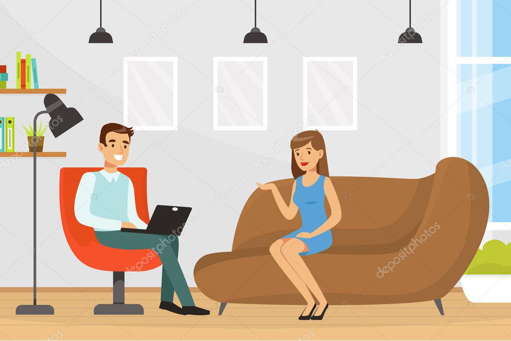 Appointment with Psychologist with Woman Having Individual Therapy Vector Illustration