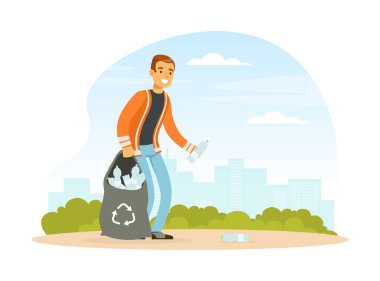 Turuncu Üniformalı Adam Atık Toplayıcı veya Çöpçü Geri Dönüşüm Vektörü Resimleri İçin Plastik Şişe Topluyor