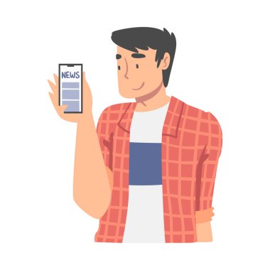 Erkek Karakteri Haberleri Topluyor Akıllı Telefon Vektör İllüstrasyonu Yazısı