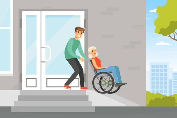 Homem sorridente empurrando cadeira de rodas com mulher com deficiência para baixo da rampa Vector Ilustração — Vetor de Stock
