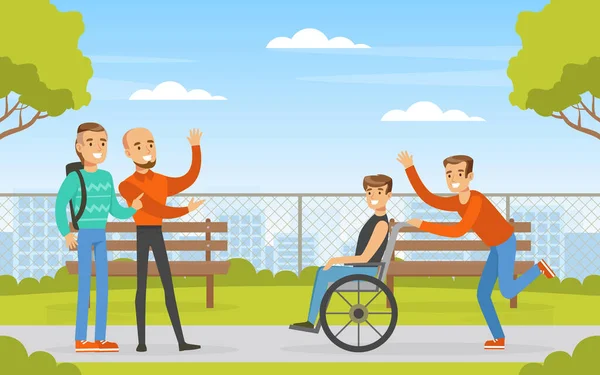 Disabili uomo sulla sedia a rotelle incontro amici nel parco saluto vettoriale Illustrazione — Vettoriale Stock