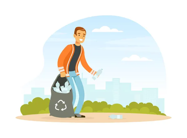 Afvalinzamelaar of vuilnisman in Oranje Uniform Plastic Fles inzamelen voor Recycling Vector Illustratie — Stockvector