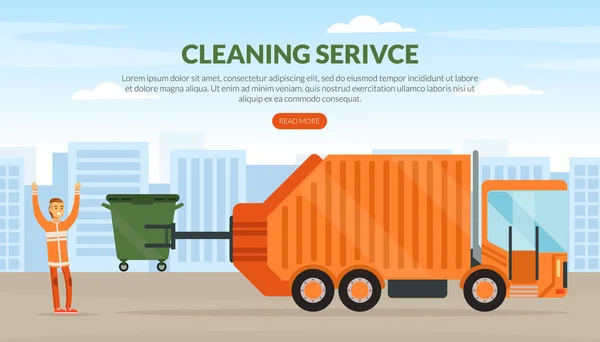 Página de aterrissagem de serviço de limpeza com coletor de resíduos de homem ou homem do lixo em uniforme laranja coletando resíduos sólidos municipais e recicláveis em modelo de vetor de caminhão de lixo — Vetor de Stock
