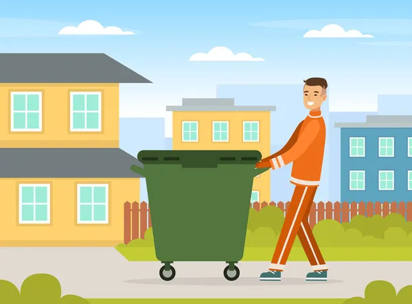 Uomo Raccoglitore di rifiuti o Garbageman in uniforme arancione Spingere pattumiera con rifiuti solidi urbani e riciclabili Vector Illustrazione — Vettoriale Stock