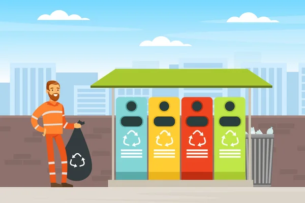 Uomo barbuto Raccoglitore di rifiuti o Garbageman in uniforme arancione Raccolta di rifiuti solidi urbani e riciclabili in Dustbin Vector Illustrazione — Vettoriale Stock