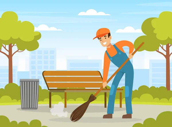 Uomo Street Cleaner o Garbageman in arancione uniforme spazzare Yard terra con Scopa vettoriale Illustrazione — Vettoriale Stock