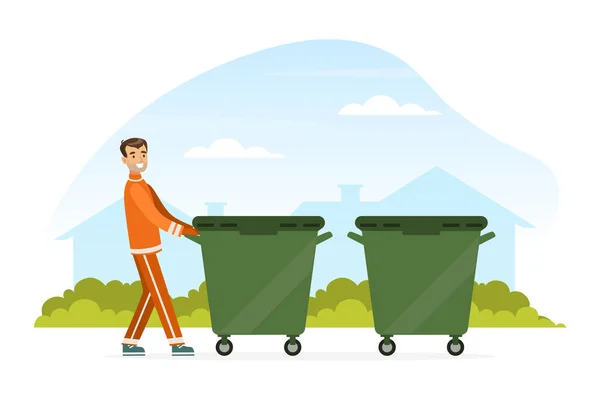 Man Waste Collector vagy Garbageman narancssárga egyenruhás tologató szemetes városi szilárd hulladék és újrahasznosítható vektor illusztráció — Stock Vector