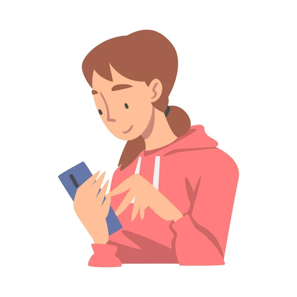 Mulher personagem recolhendo notícias leitura artigo sobre Smartphone Vector Ilustração —  Vetores de Stock