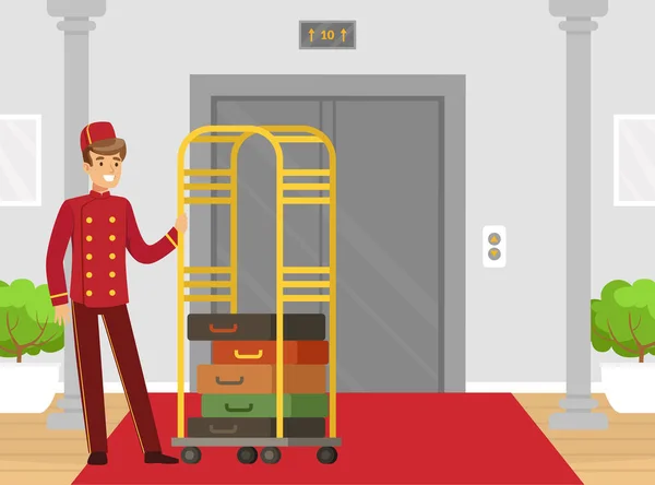 Man Porter or Doorman as Hotel Staff in Uniform Carrying Luggage Vector Illustration — Stock Vector