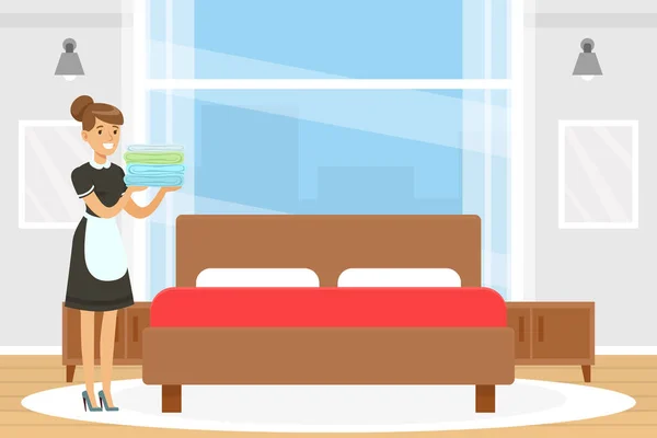 Woman Maid as Hotel Staff in Apron Bringing Clean Laundry in the Room Vector Illustration — Stock Vector