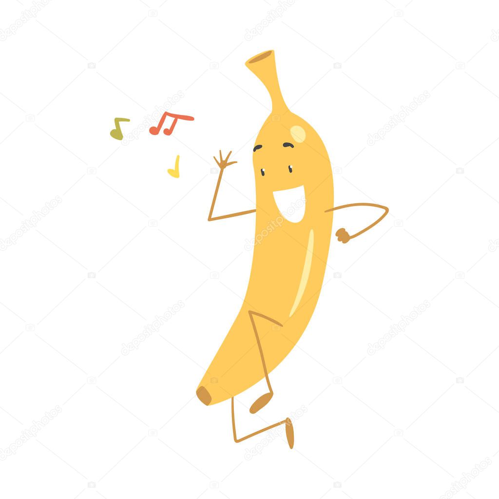 Funny Yellow Banana Character Dancing Moving Hand and Legs Vector Illustration