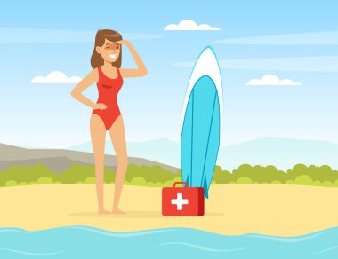 Sandy Plajı 'nda Genç Kadın Cankurtaran Güvenlik Vektörü İllüstrasyonunu Denetliyor