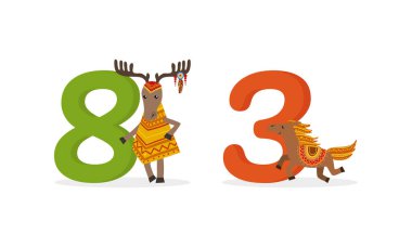 Beyaz Arkaplan Vektörü Kümesinde izole edilmiş Sevimli Geyik ve At Hayvanı Sayısı veya Sayısı