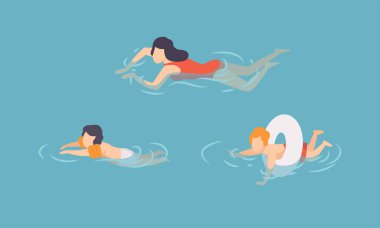 Kol bandı ve Yüzüğü Mavi Deniz 'de Yüzen Kadın ve Çocuklar Su Vektörü Set