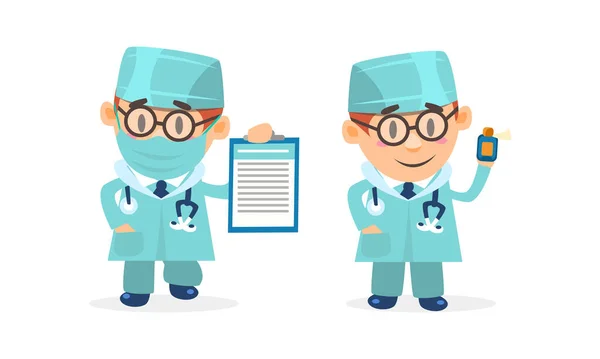 Doctor Comic Man in Uniform with Stethoscope holding Clipboard and Inial Vector Set — Stockový vektor