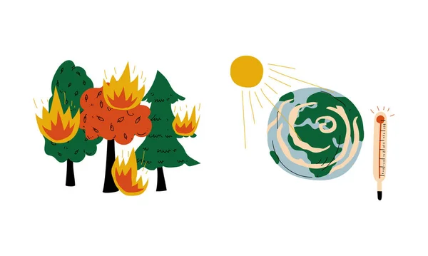 Fuego salvaje con árboles ardientes y calentamiento global como resultado del conjunto de vectores de contaminación del planeta — Archivo Imágenes Vectoriales
