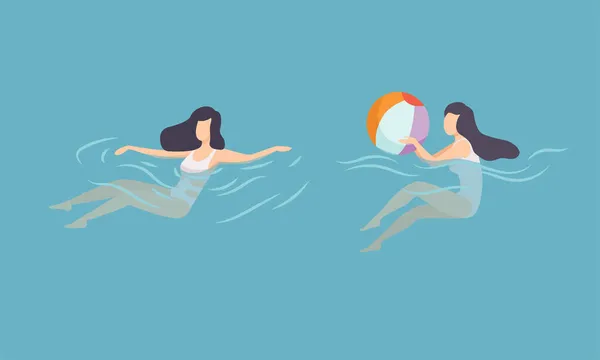 Bola de goma de la mujer flotando en el conjunto de vectores de agua azul — Vector de stock